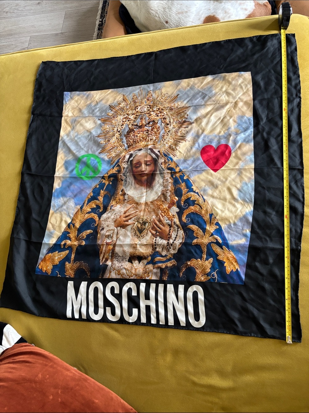 MOSCHINO Black Silk Scarf with Blue, Gold & Red Accents